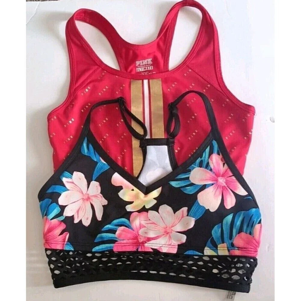 Set of 2 Victoria's Secret PINK Ultimate Sport Bras Size Small Floral Logo Print